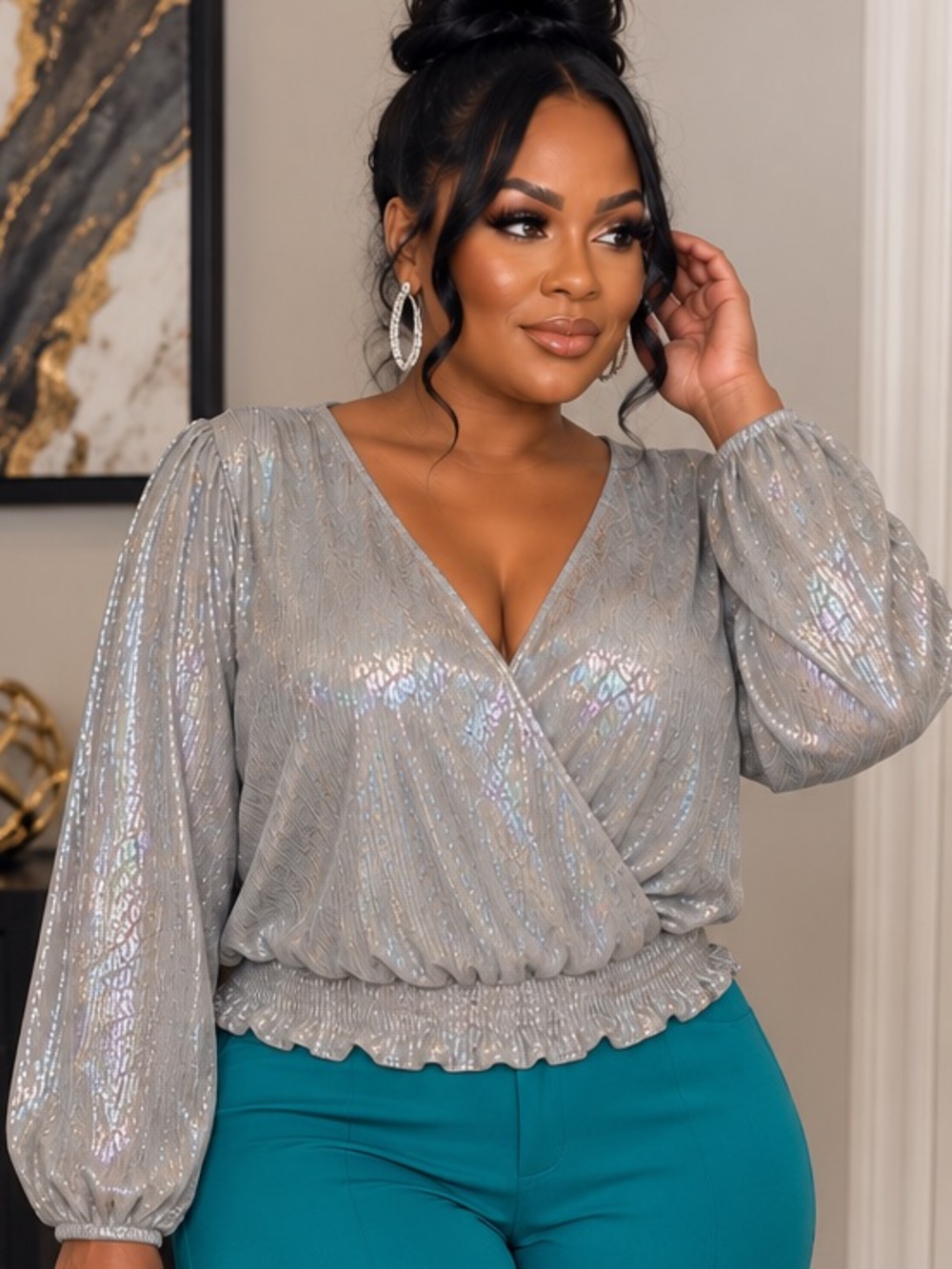 Women's Shimmery Silver V-Neck Wrap Blouse